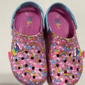 CROCS Lisa Frank Pink Unicorn & Rainbow Clogs with Light Blue Heel Strap